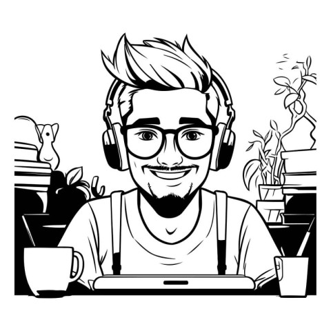 Vector illustration of a man with a laptop and headphones at hom