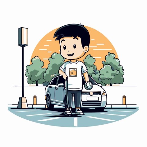 Young man standing next to his car on the street. Vector illustr