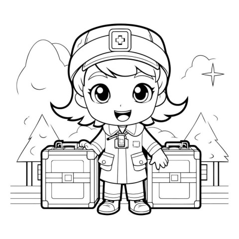 Coloring Page Outline Of a Cartoon Female Nurse With Suitcases