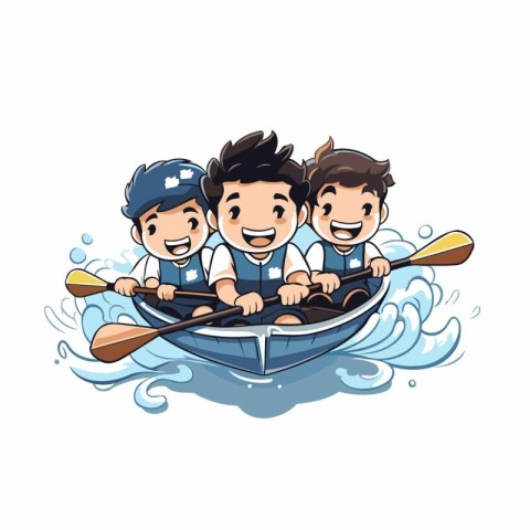 Group of children rowing in a boat. Cartoon vector illustration.