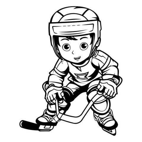 Ice hockey player with helmet and skates. black and white vector