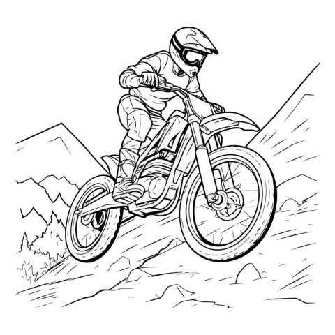 Motocross rider on a mountain bike. Vector black and white illus