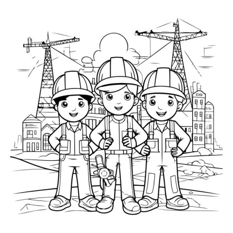 construction workers team over cityscape background cartoon vect