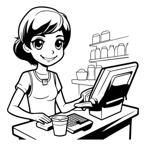 Teenage girl using computer at the cafe. Black and white vector