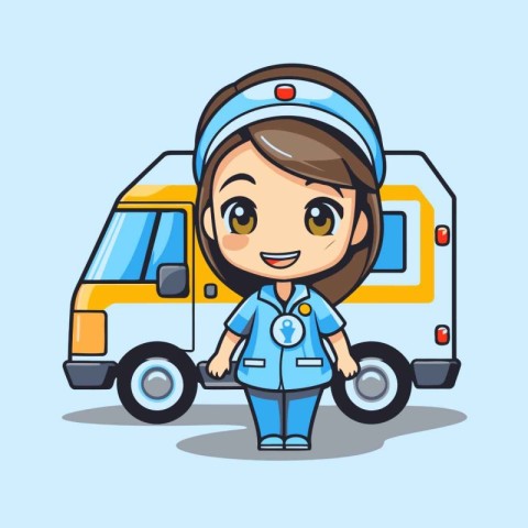 Cute cartoon nurse in uniform and ambulance car. Vector illustra