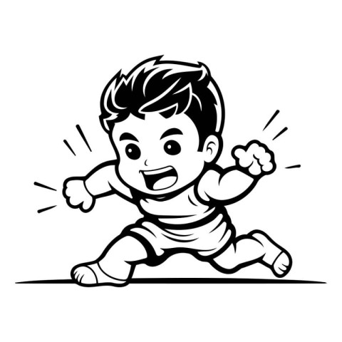 Cute Little Baby Boy Running - Black and White Cartoon Illustrat