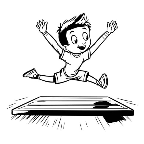 Boy Jumping on a Treadmill - Black and White Cartoon Illustratio