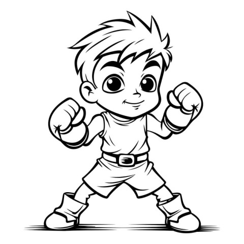 Boy Boxing - Black and White Cartoon Illustration. Vector Clip A