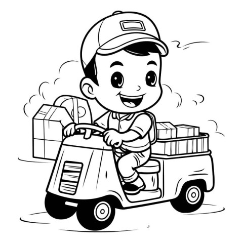 Black and White Cartoon Illustration of Cute Little Boy Carrying