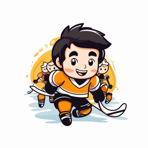 Cute boy playing ice hockey. Vector illustration on white backgr