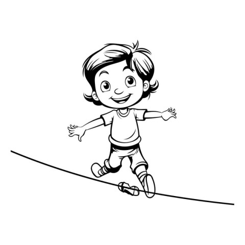 Cartoon kid balancing on a tightrope. Vector illustration.