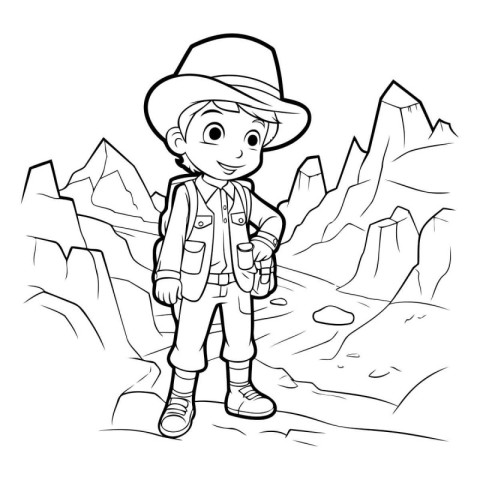 Coloring Page Outline Of a Little Boy Hiking in the Mountains