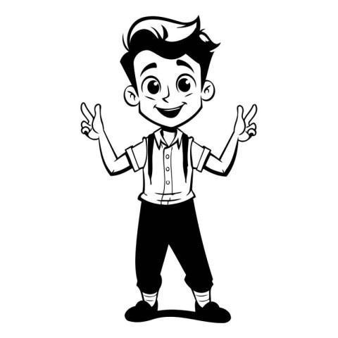 cute boy wearing suspenders and showing peace sign cartoon vecto