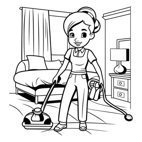 Housewife cleaning with vacuum cleaner in the room cartoon vecto