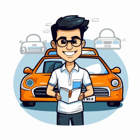 Young man with a newspaper and a car. Cartoon vector illustratio