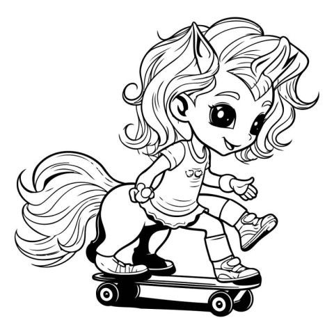 Little girl riding a skateboard - black and white vector illustr