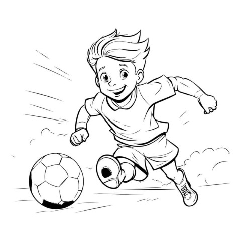 Cartoon soccer player kicking the ball. Black and white vector i