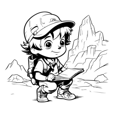 Boy scout with map - black and white vector illustration for col