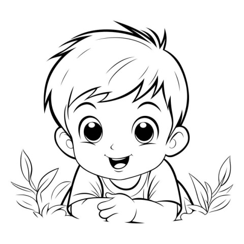 Cute little boy in the garden. black and white vector illustrati