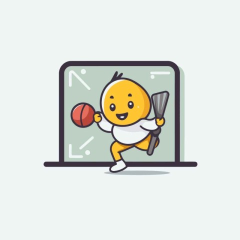 Illustration of a Cute Cartoon Boy Playing Basketball on a Lapto