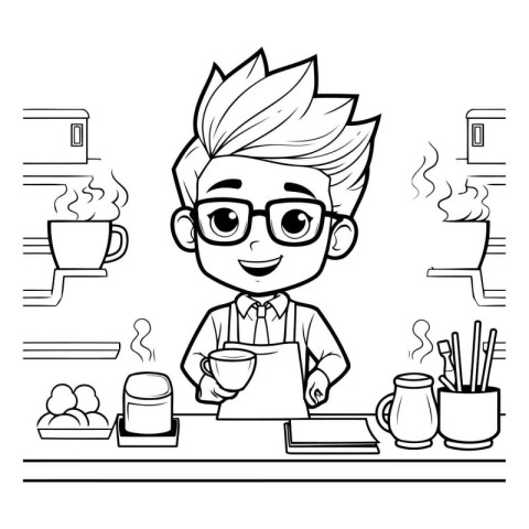 Cute cartoon man with cup of coffee. Vector illustration in blac