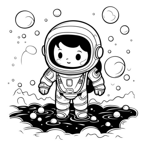 Astronaut in outer space. Black and white vector illustration.