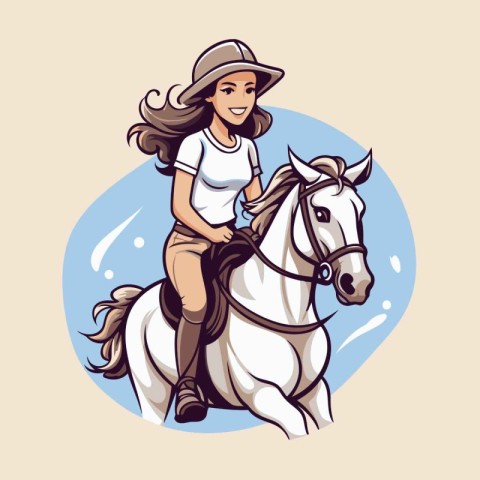 Beautiful girl riding a white horse. Vector illustration in retr