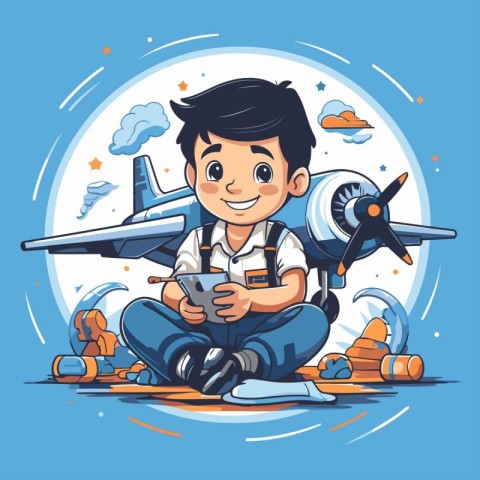 Cute boy playing with airplane. Vector illustration of a boy pla