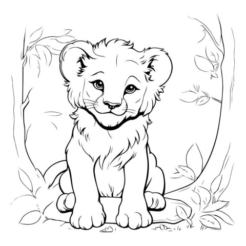 Lion cub in the jungle. Black and white vector illustration.