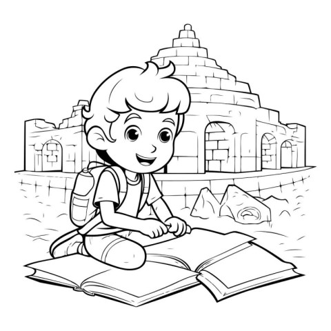 Outline illustration of a boy reading a book on a background of