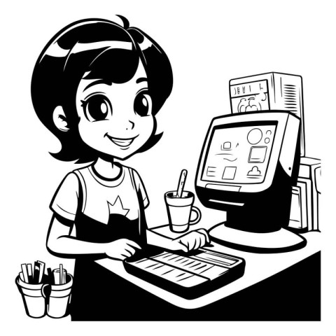 Cute cartoon girl playing computer games. Black and white vector