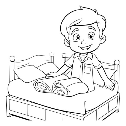 Black and white illustration of a boy reading a book in bed.