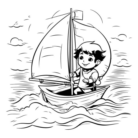 Boy sailing on a sailboat. black and white vector illustration.