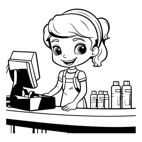 Black and White Cartoon Illustration of Cute Little Girl Barista