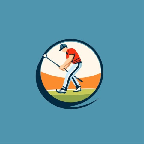 Golf player hitting the ball with club. Vector illustration in f