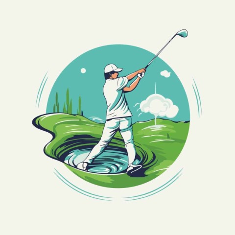 Golfer on golf course. Vector illustration in retro style.