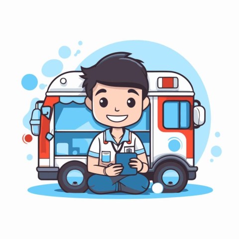 Cute boy with mobile phone and bus. Vector cartoon illustration.