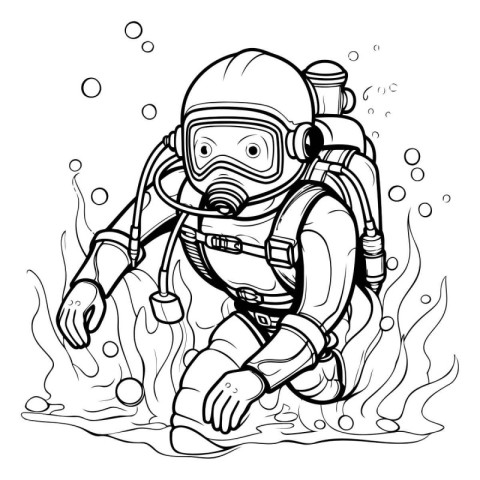 Diver in diving suit. Vector illustration for coloring book or p