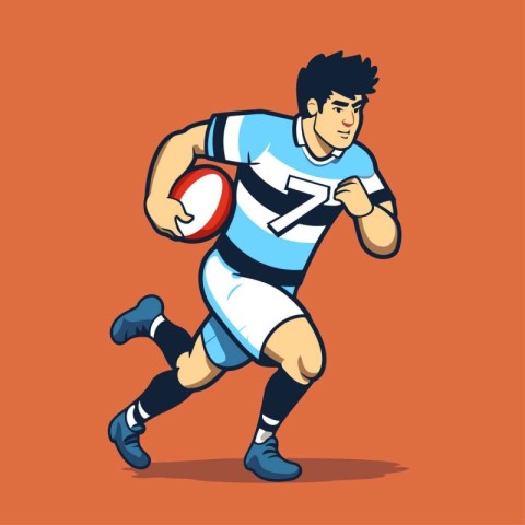 Rugby player running with a ball. Vector illustration in cartoon