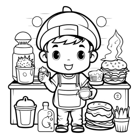 Black and White Cartoon Illustration of Cute Kid Boy with Burger