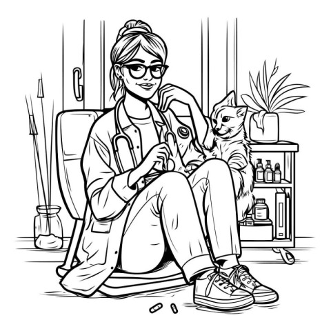 Vector illustration of a girl in glasses sitting on a chair with