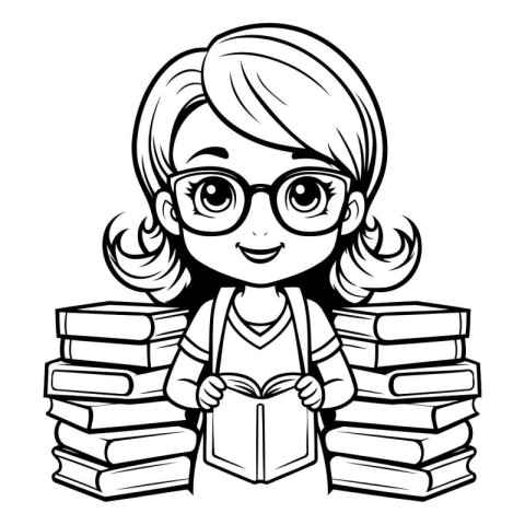 Girl Student Reading Book - Black and White Cartoon Illustration