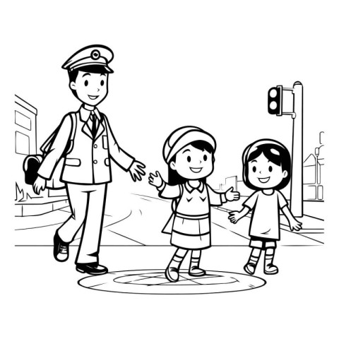 cute policeman with children cartoon vector illustration graphic