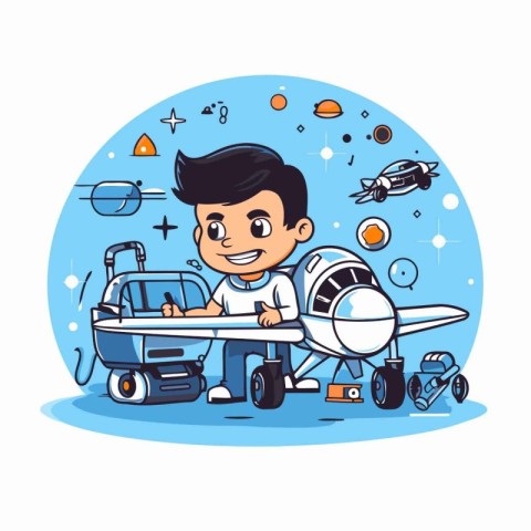 Cute boy flying with airplane. Vector illustration in cartoon st