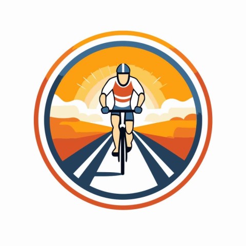 Circle shape icon with cyclist riding on road. Vector illustrati