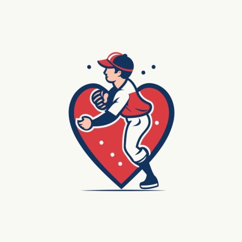 Baseball player with ball and racket in heart shape. Vector illu