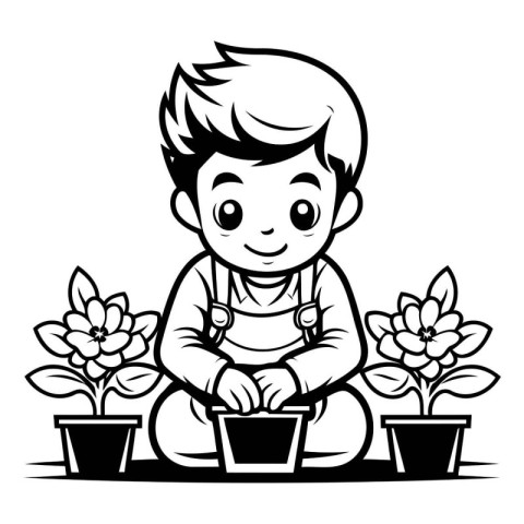 Boy Planting Flowers - Black and White Cartoon Illustration. Vec