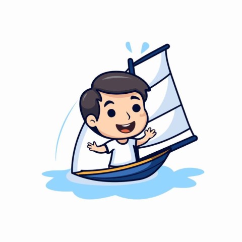 Cute little boy sailing on a sailboat. Vector illustration.