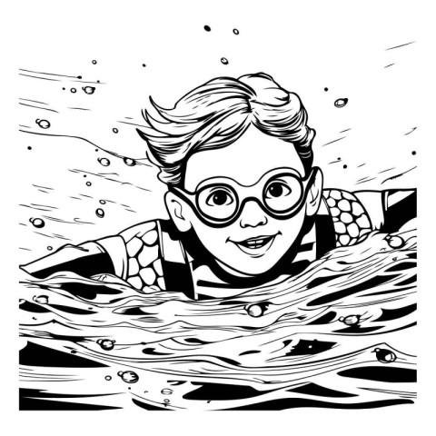 Funny boy swimming in the sea. Vector black and white illustrati