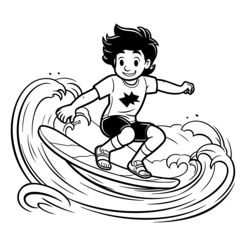 Boy surfing on wave. Black and white vector illustration for col